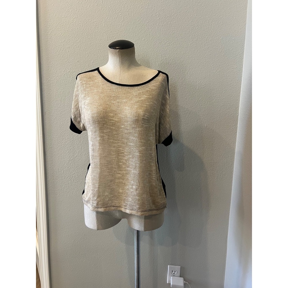 Fusion Black Beige Colorblock Drape Back Knit Top Women's Medium Made USA